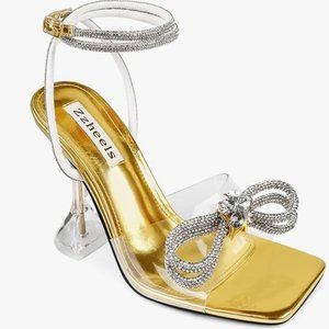 Zzheels Sandals Womens 8 Gold Double‎ Bowknots Crystal Sandals Clear Slingback